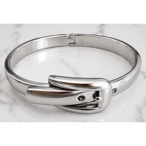 Silver Tone Belt Buckle Hinged Bangle Bracelet Cuff Modern Minimalist